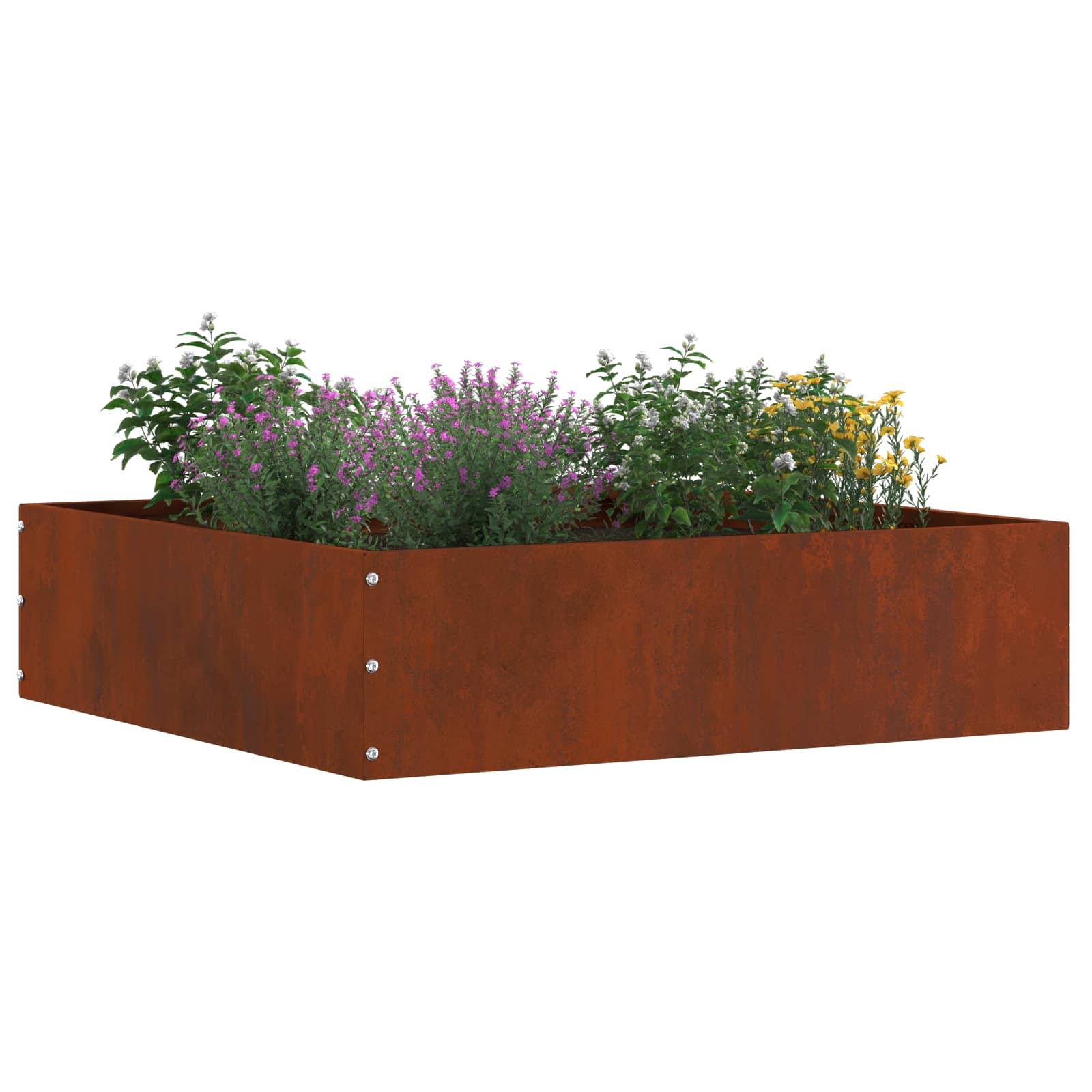 Ein rostfarbener Metalblumenkübel gefüllt mit grünem Laub und blühenden violetten und gelben Blumen.