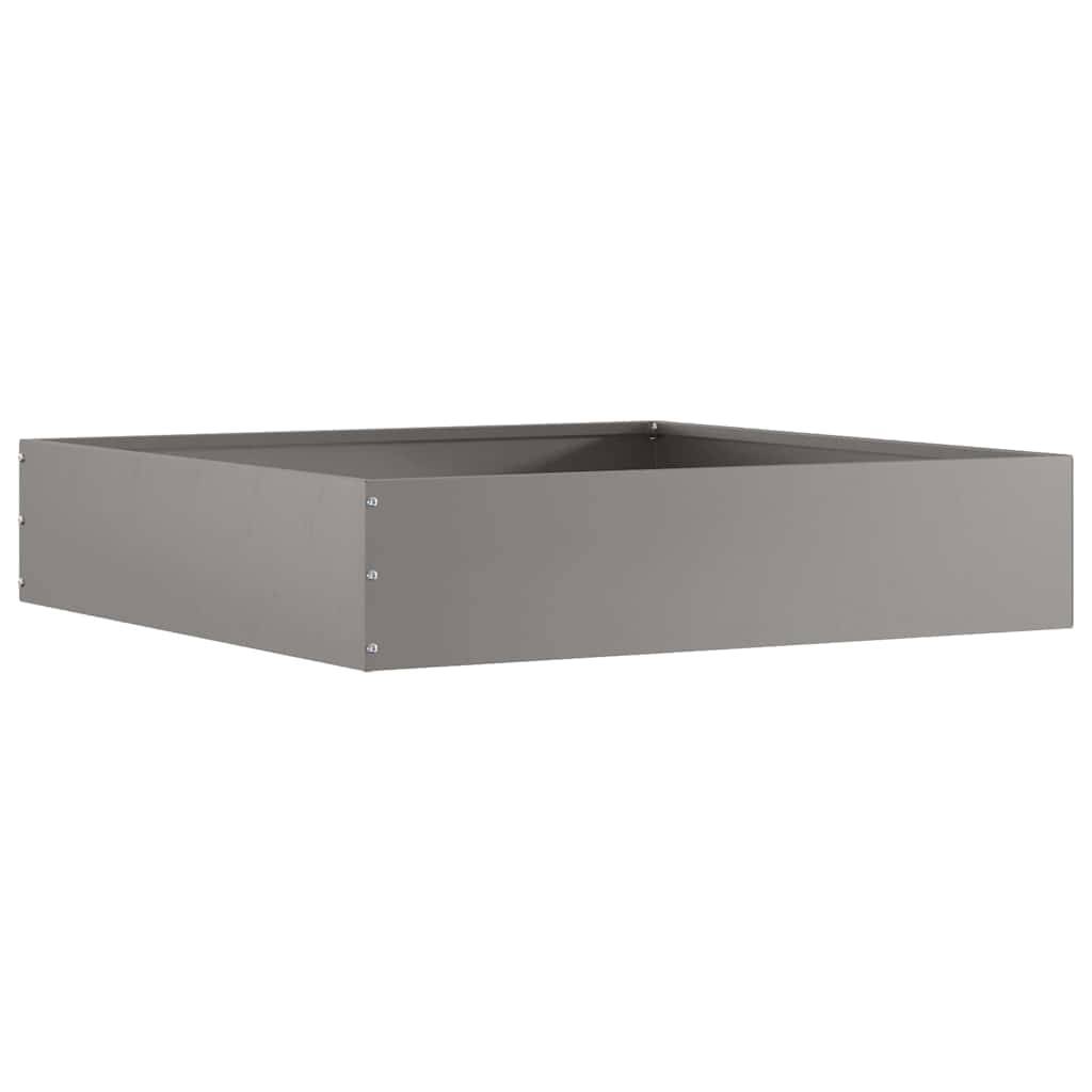 Ein grauer, rechteckiger Metall-Schubladenorganizer mit sichtbaren Schrauben und offener Oberseite, konzipiert zum Aufbewahren von Gegenständen.
