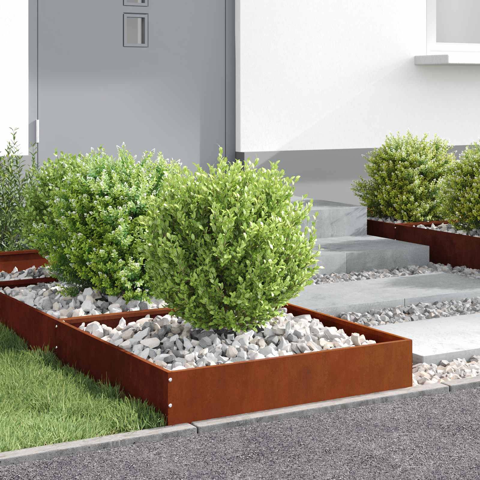 Modernes Hausäußeres mit Pflanzkübeln in Rostoptik, grünen Büschen und weißen Kieseln neben den Eingangstreppen.