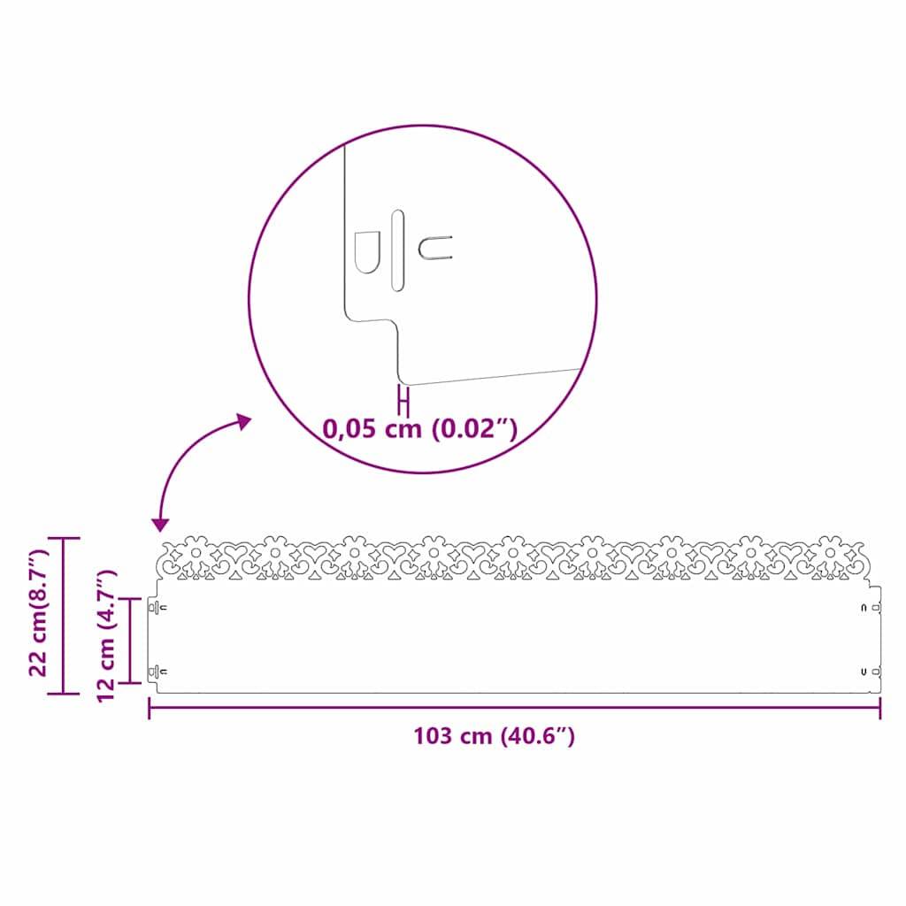 Detaillierte Linienzeichnung, die ein dekoratives Panel mit Blumenmustern zeigt, 103 cm (40,6 cm) breit, 12 cm (4,7 cm) tief, 22 cm (8,7 cm) hoch.