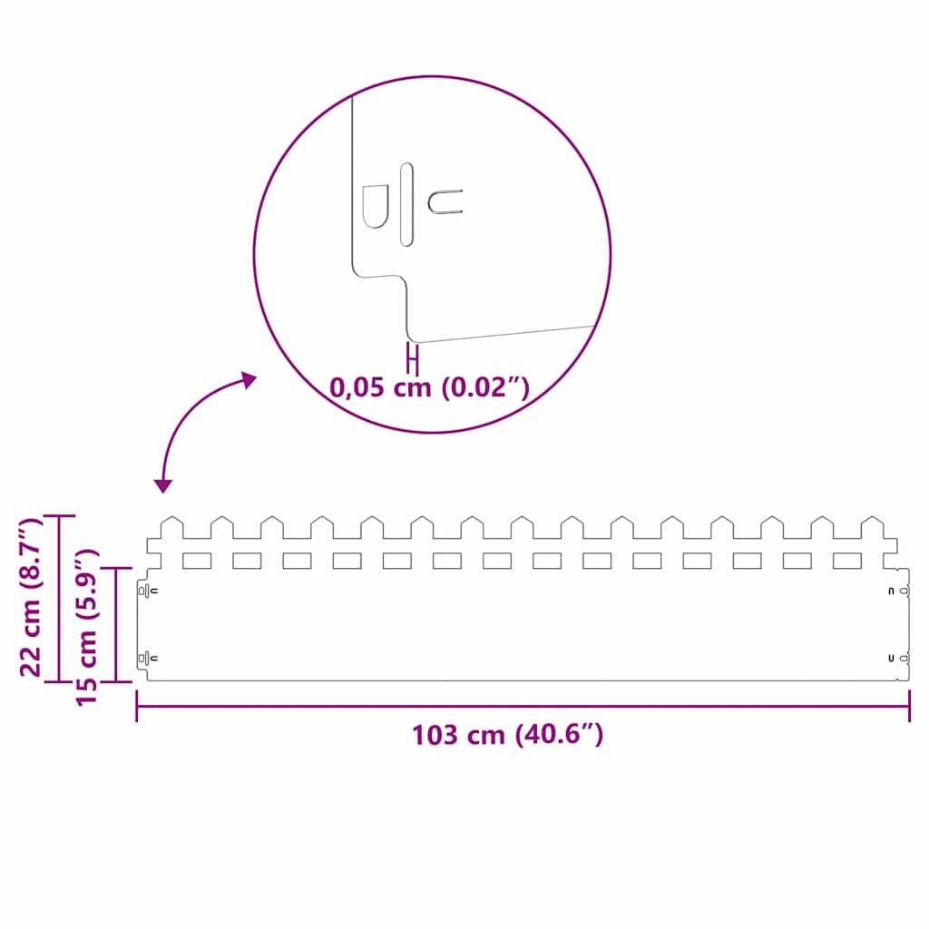 Diagramm, das ein rechteckiges Objekt mit gleichmäßig verteilten Aussparungen zeigt, mit einer Länge von 103 cm (40,6") und einer Höhe von 15 cm (5,9""). Ein vergrößerter Kreis hebt eine kleine Aussparung von 0,05 cm (0,02"") hervor.