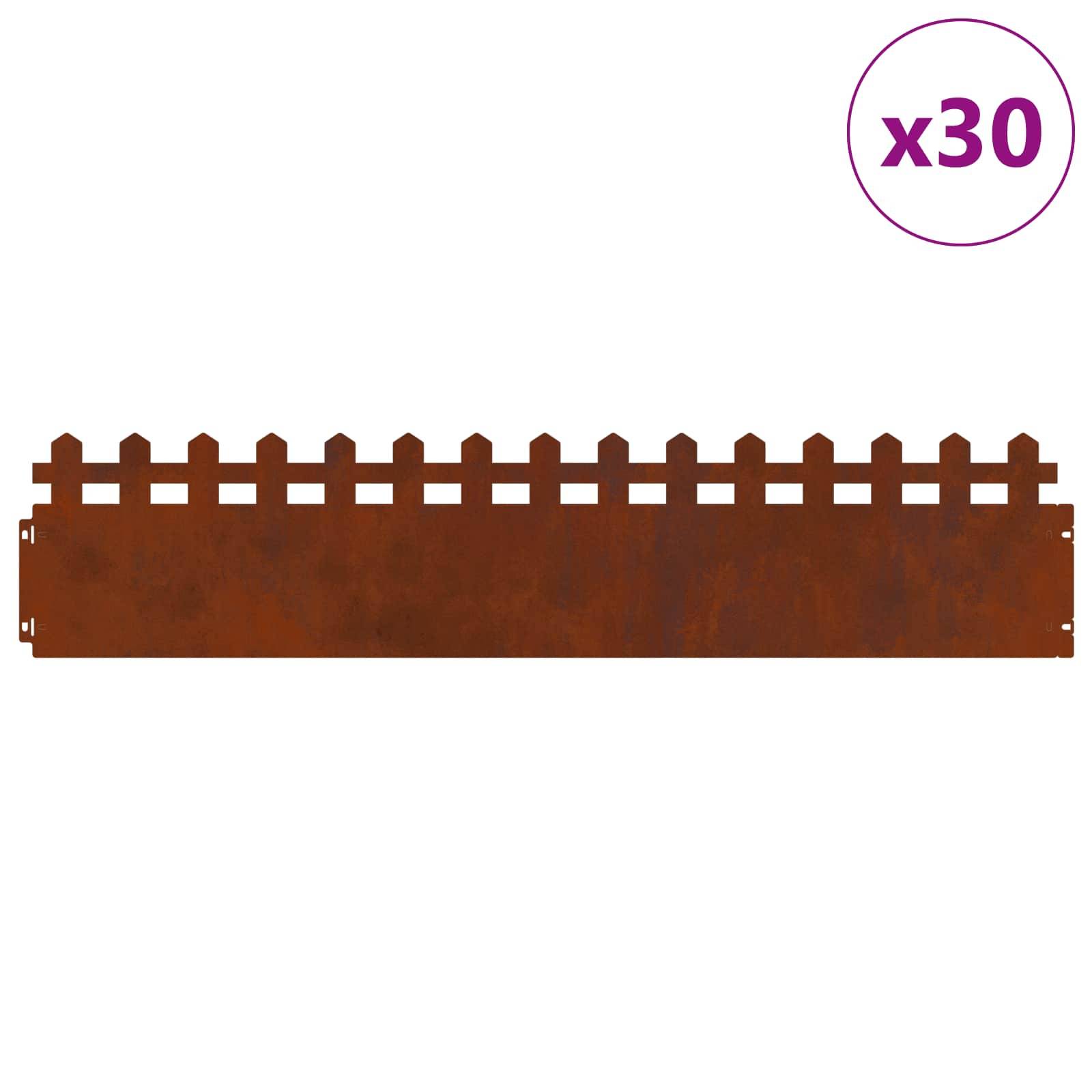 Ein brauner Metallgarteneinfassungsstreifen mit gezackter oberer Kante, angezeigt mit einer Menge von 'x30' in violettem Text in der oberen rechten Ecke.