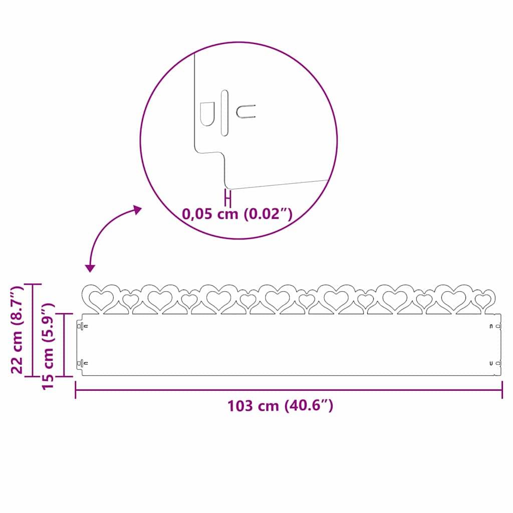 Herzmuster Garteneinfassung': Diagramm einer 103 cm (40,6") langen, 15 cm (5,9"") hohen Garteneinfassung mit Herzformen oben, 22 cm (8,7"") einschließlich Pflöcke. 0,05 cm (0,02"") Materialdicke.