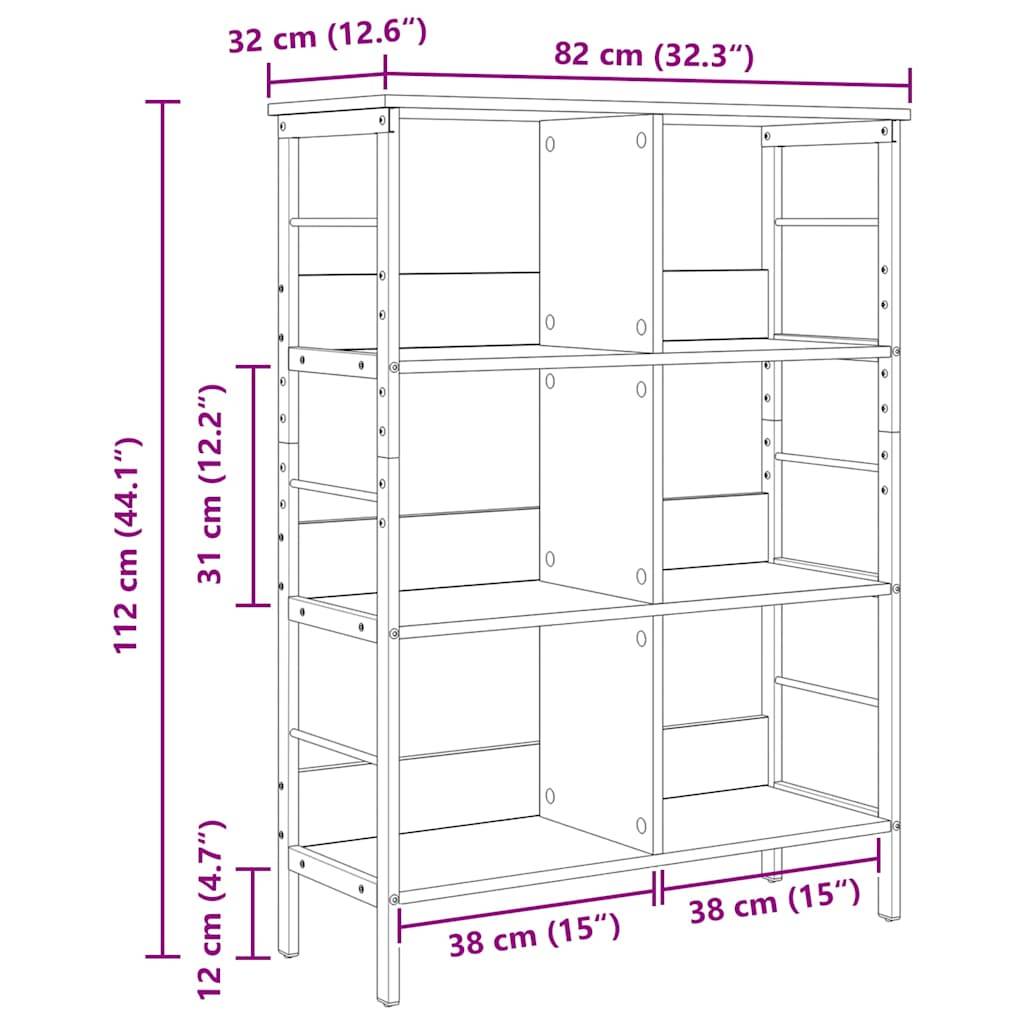Ein Regalschrank mit vier Einlegeböden, dessen Maße im Bild beschriftet sind: Höhe 112 cm, Breite 82 cm, Tiefe 32 cm; jede Regalbodenhöhe 31 cm.
