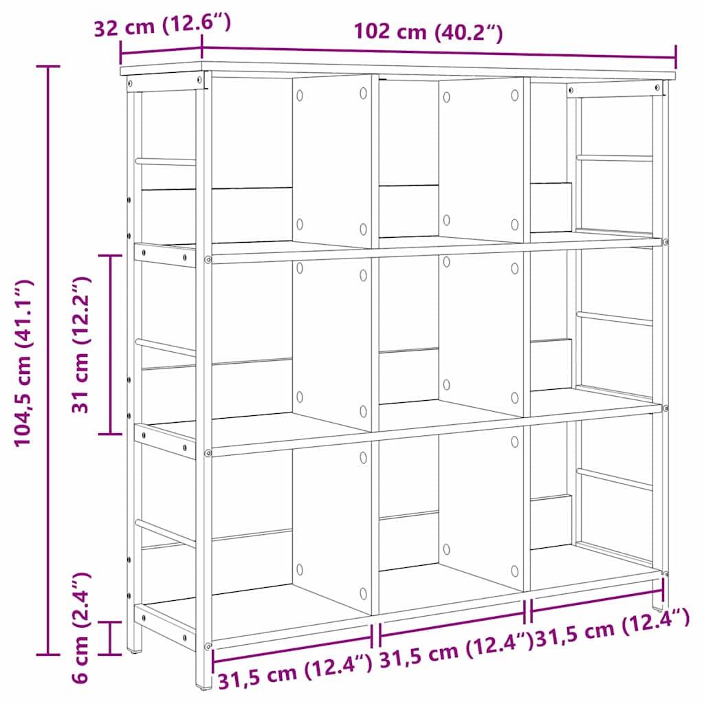 Hohes Regalmodul mit neun quadratischen Fächern. Abmessungen wie folgt: Höhe 104,5 cm, Breite 102 cm, Tiefe 31,5 cm.