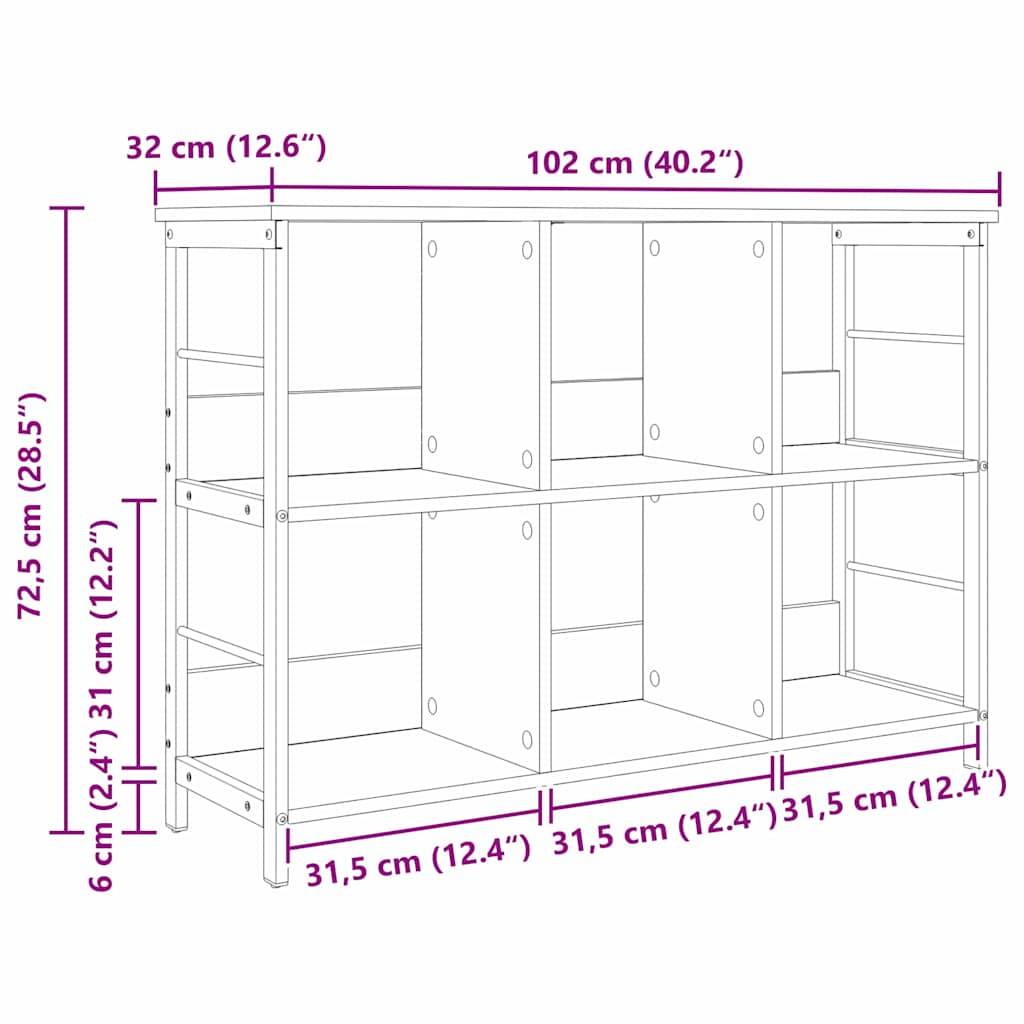 Schematische Darstellung eines Regals mit sechs kubischen Abteilen. Gesamtabmessungen: 102 cm breit, 72,5 cm hoch, 32 cm tief.