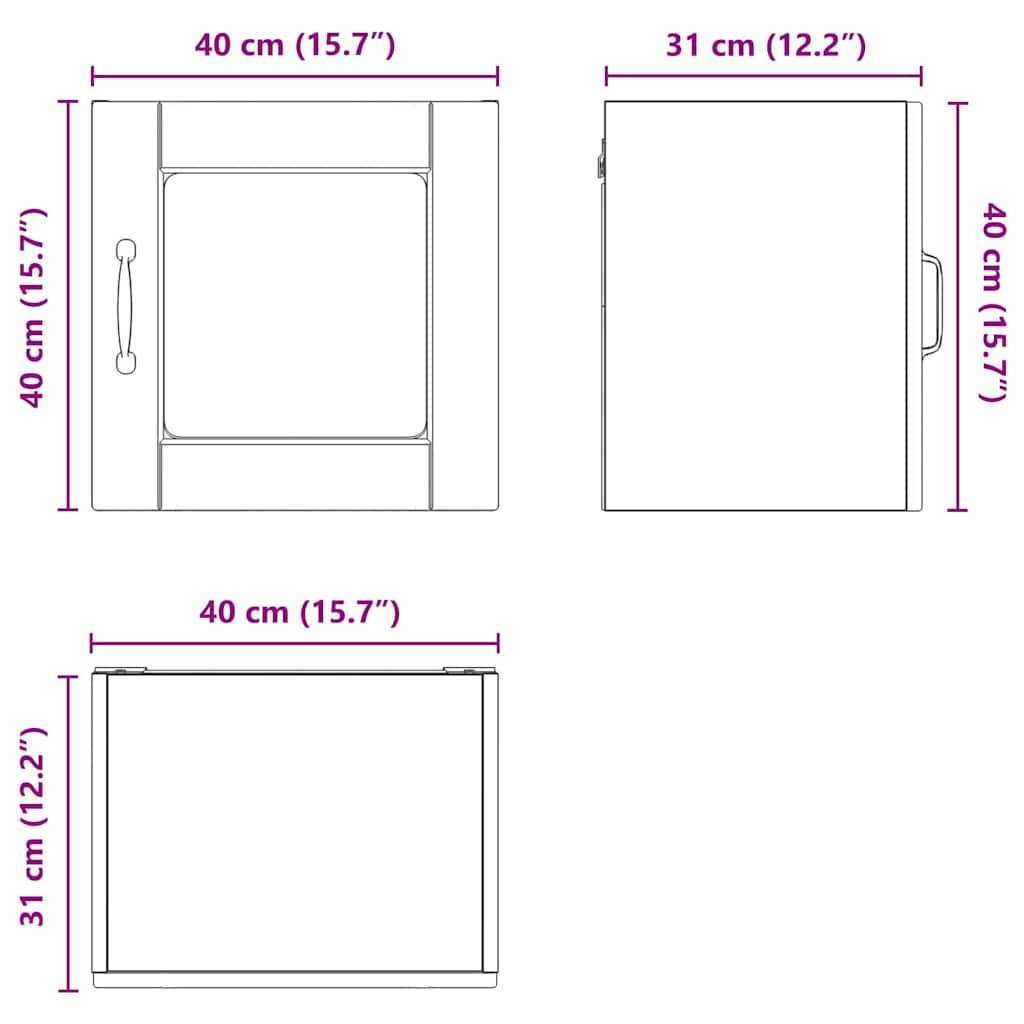 Diagramm eines würfelförmigen Objekts mit Abmessungen; Höhe und Breite betragen 40 cm (15,7 Zoll), Tiefe 31 cm (12,2 Zoll). Griffe an zwei Seiten.