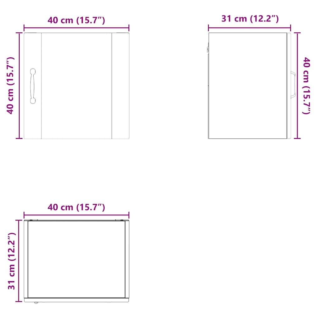 Abmessungen und Seitenansichten eines kubusförmigen Objekts. Vorder- und Seitenansicht: 40 cm (15,7