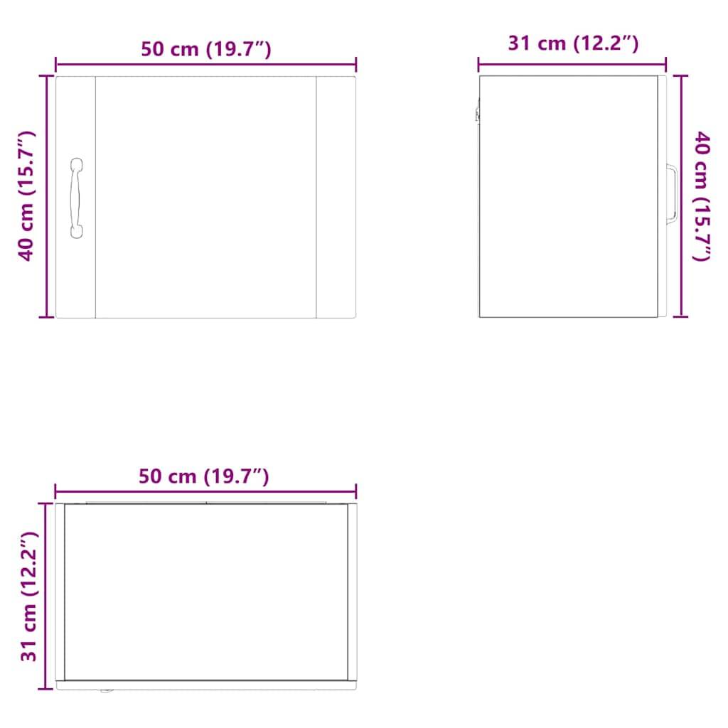 Abmessungen eines rechteckigen Schranks: Höhe von Vorder- und Seitenansicht 40 cm (15,7 Zoll), Breite der Vorderansicht 40 cm (15,7 Zoll), Tiefe der Seitenansicht 31 cm (12,2 Zoll), Tiefe der Draufsicht 31 cm (12,2 Zoll) und Breite 50 cm (19,7 Zoll).