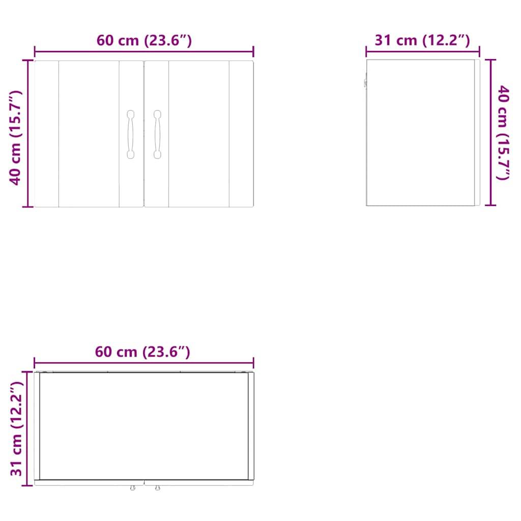 Maße des Wandschranks: Frontansicht 60 cm breit, 40 cm hoch; Seitenansicht 31 cm tief, 40 cm hoch; Draufsicht 60 cm breit, 31 cm tief.