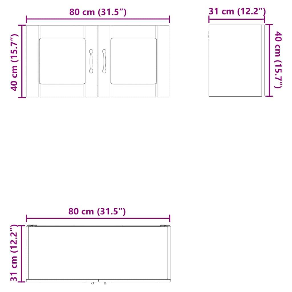 Front- und Seitenansicht eines Schranks mit zwei Türen. Abmessungen: 80 cm (31,5 Zoll) breit und 40 cm (15,7 Zoll) hoch, mit Seiten von 31 cm (12,2 Zoll) Tiefe.