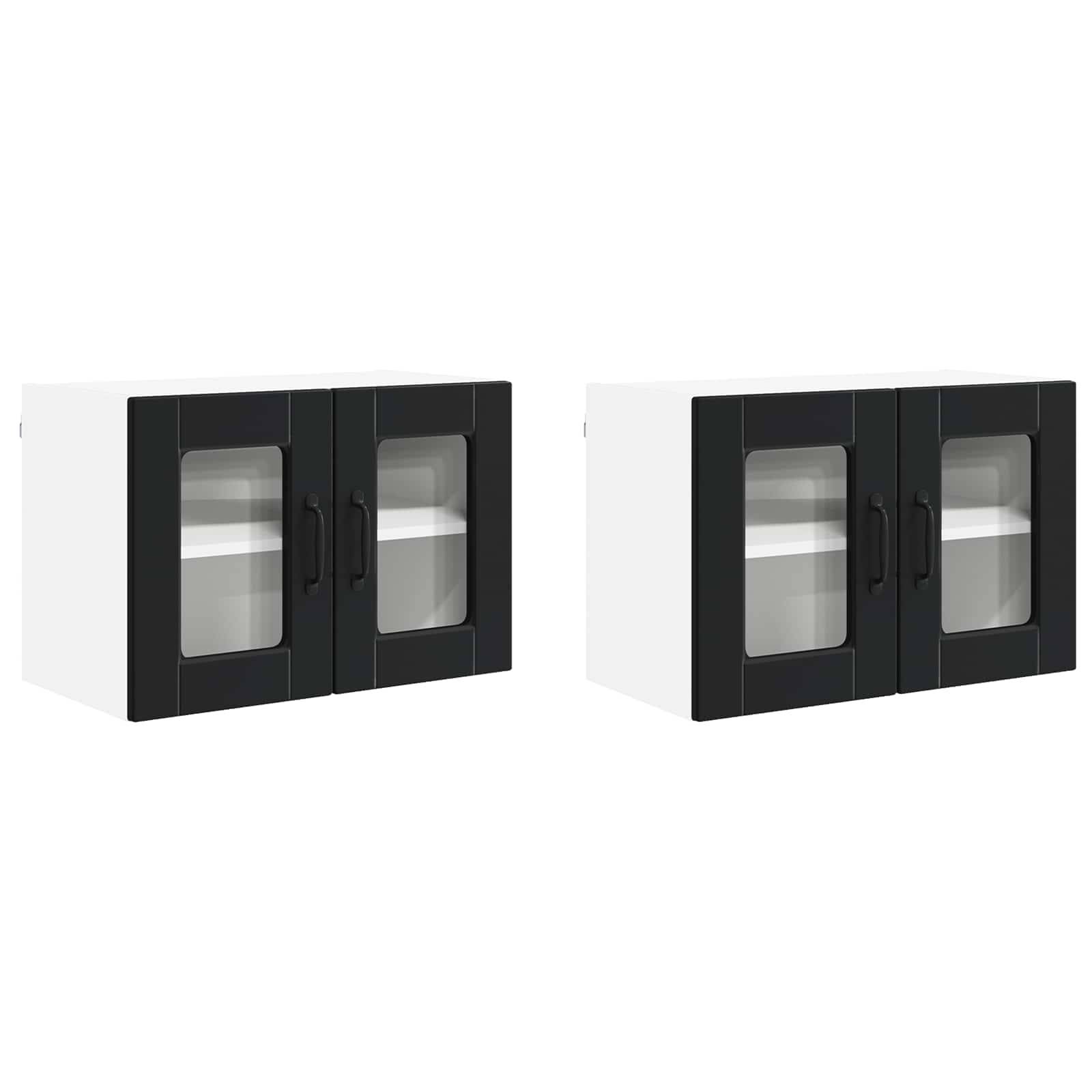 Zwei weiße Wandschränke mit schwarzen Rahmen aus Glas, die jeweils zwei Einlegeböden im Inneren haben, nebeneinander vor einem schlichten Hintergrund platziert.
