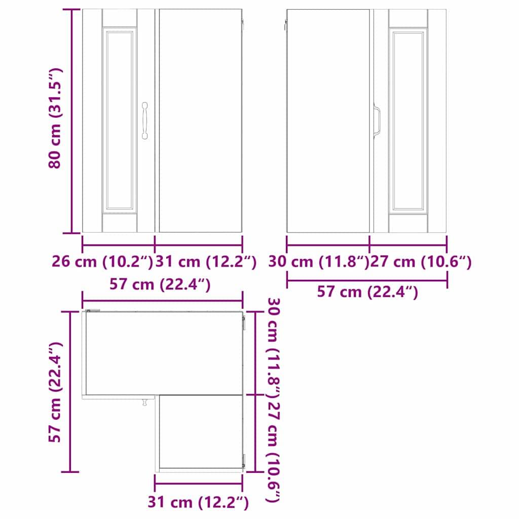Das Bild zeigt die Abmessungen eines modularen Schranksystems: Haupteinheit 31 cm breit, 80 cm hoch; Seitenerweiterungen 26 cm und 30 cm breit.