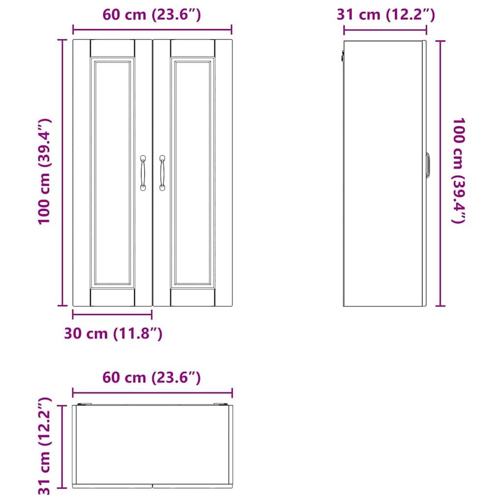 Eine Drei-Ansichten-Skizze eines Schranks mit Abmessungen: Höhe 100 cm, Frontbreite 60 cm, Tiefe 30 cm und Seitenbreite 31 cm.