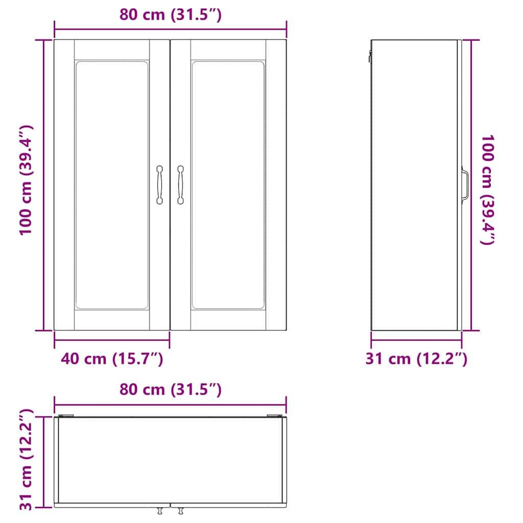 Diagramm eines Schranks mit Abmessungen: 100 cm Höhe, 80 cm Breite und 31 cm Tiefe. Seiten- und Draufsicht zeigen die gleichen Abmessungen.