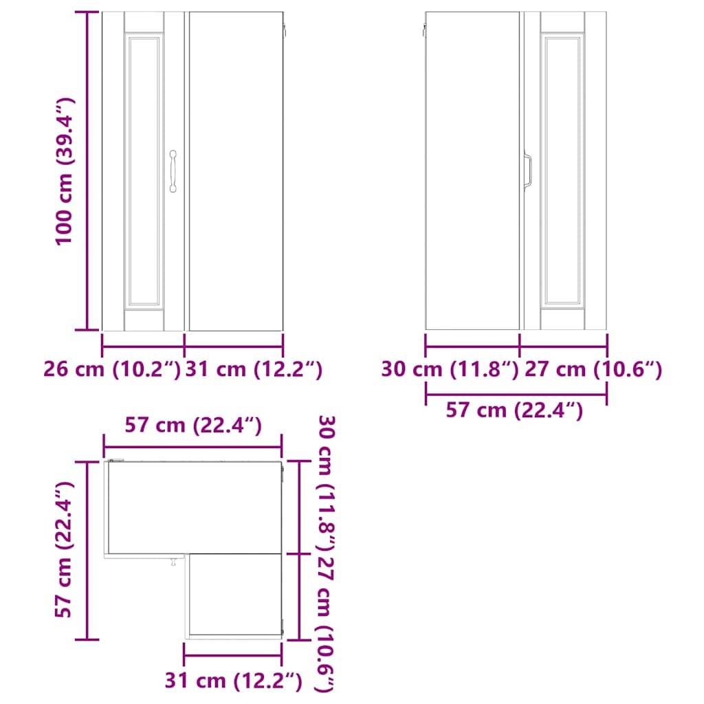 Liniendiagramme von drei Möbelstücken mit Maßangaben in Zentimetern und Zoll, die verschiedene Abmessungen für Breite, Tiefe und Höhe anzeigen.