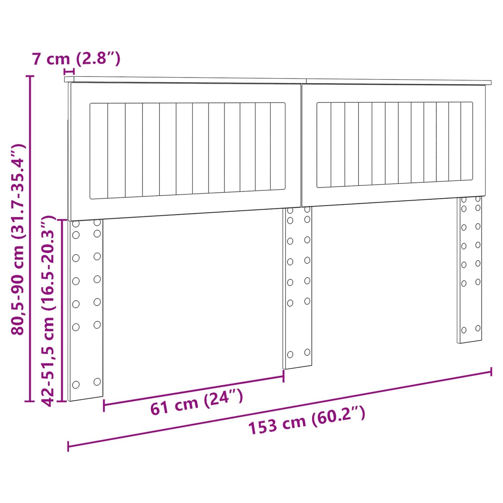 Eine verstellbare Bettschutzvorrichtung mit den Abmessungen: 153 cm Breite, verstellbare Höhe 80,5-90 cm und 42-51,5 cm; Tiefe 7 cm, abgebildet in Rosa.