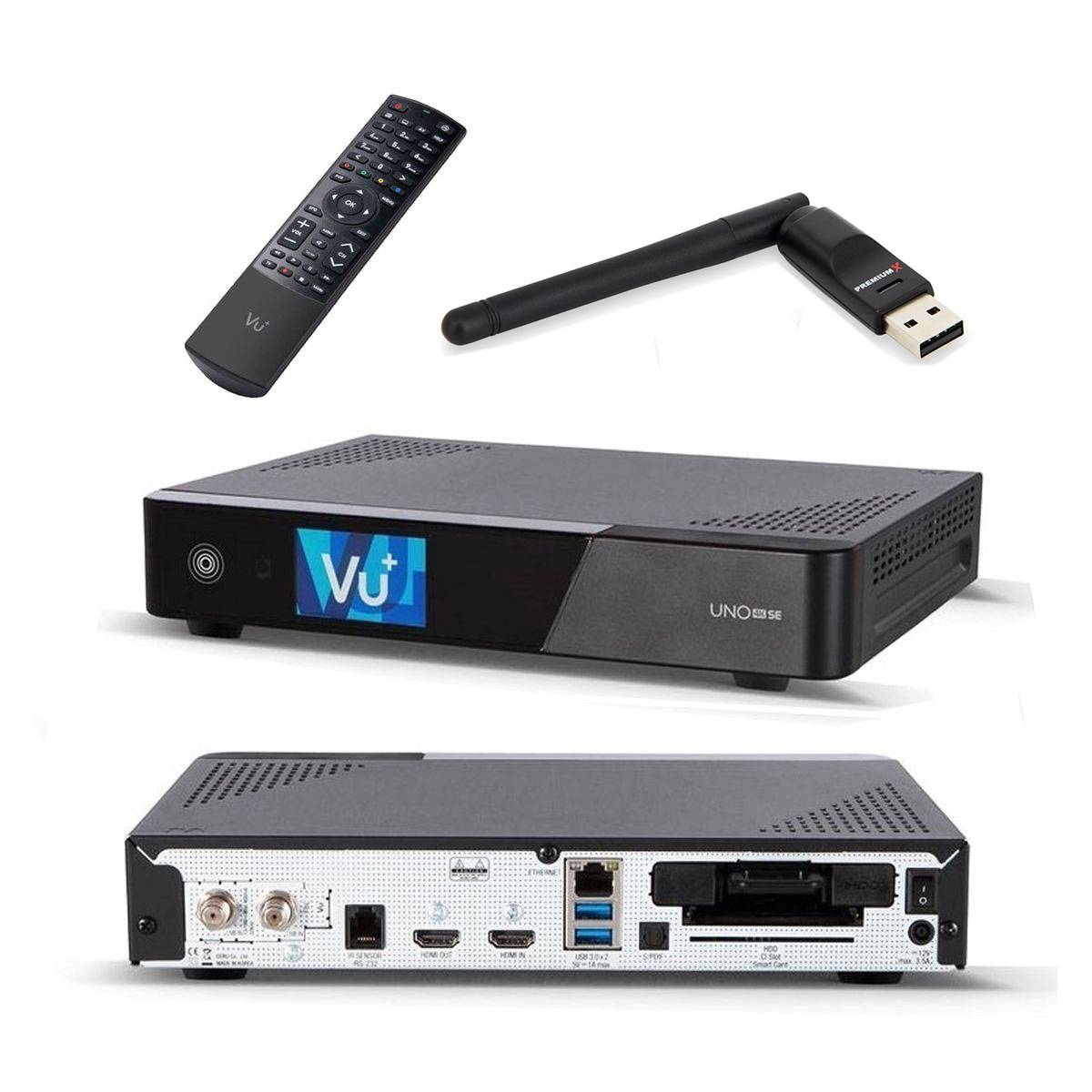 Vu+ Uno 4K SE 1x DVB-S2 FBC Sat Receiver Twin Tuner PVR Ready Linux Satellitenreceiver UHD TV Receiver Satelliten-Fernsehen mit Wlan-Stick