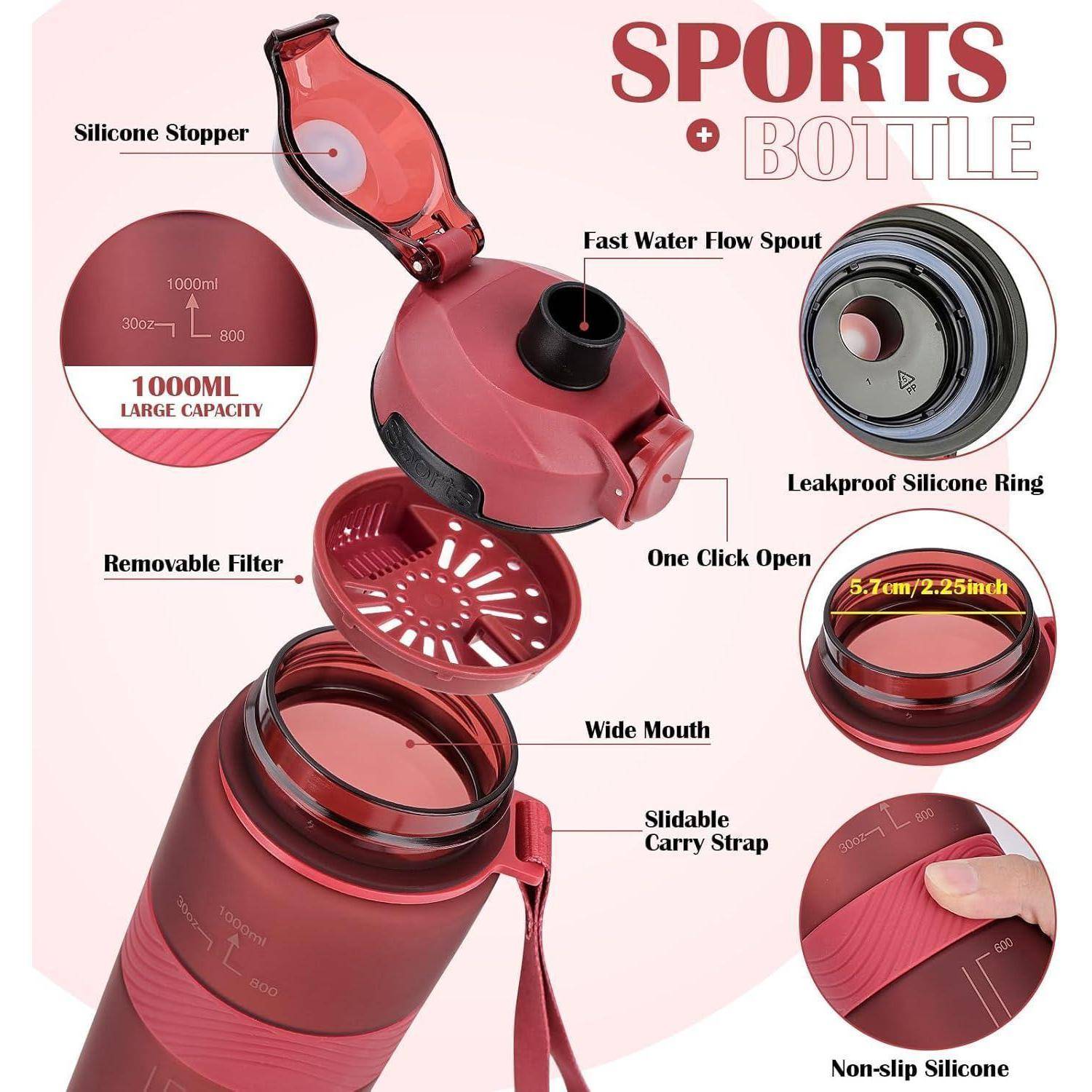 Trinkflasche BPA-frei 1 Liter Sport Auslaufsicher Wasserflasche