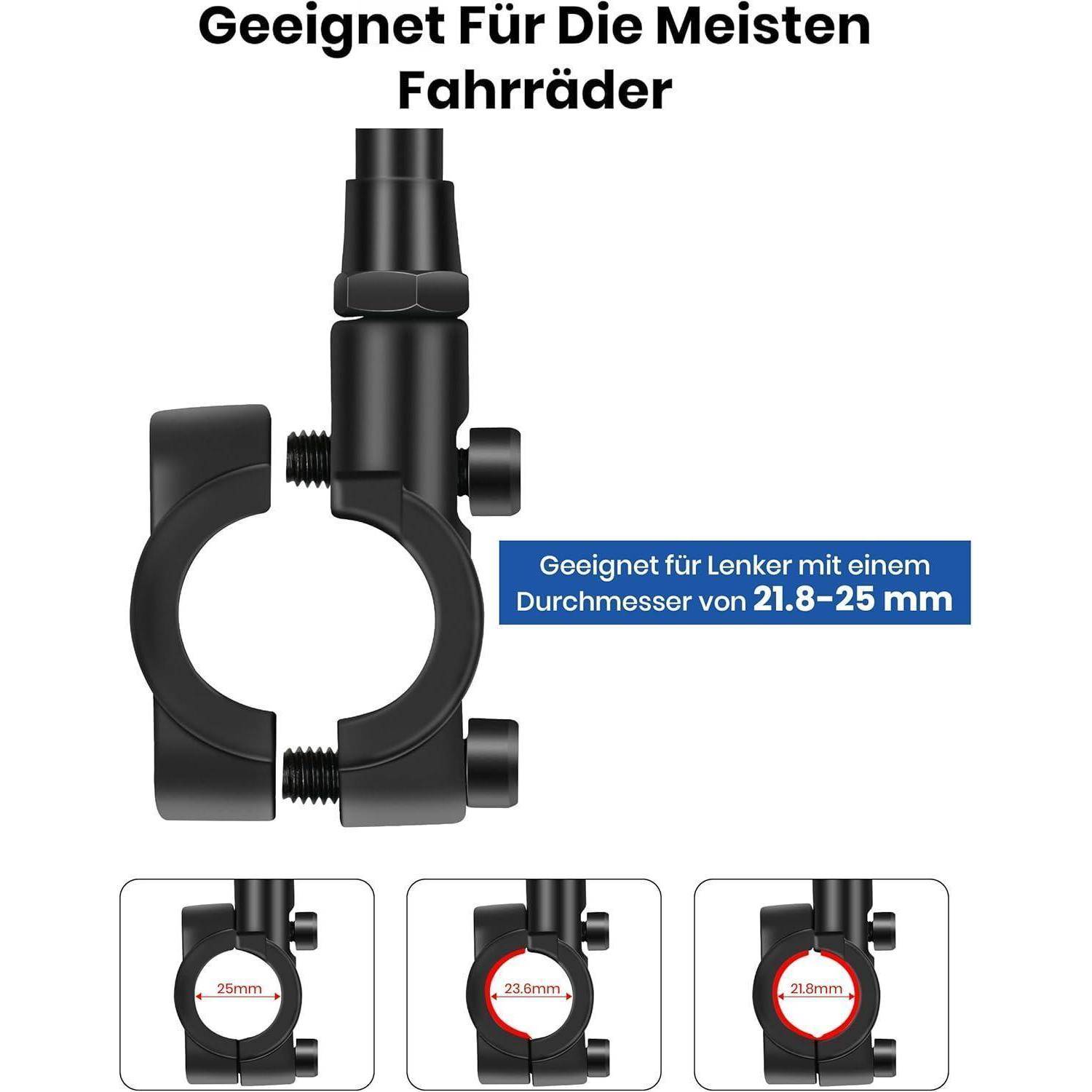 Das Bild zeigt eine schwarze Fahrradlenkerhalterung, die mit Durchmessern von 21,8 mm bis 25 mm kompatibel ist und für die meisten Fahrräder geeignet ist.