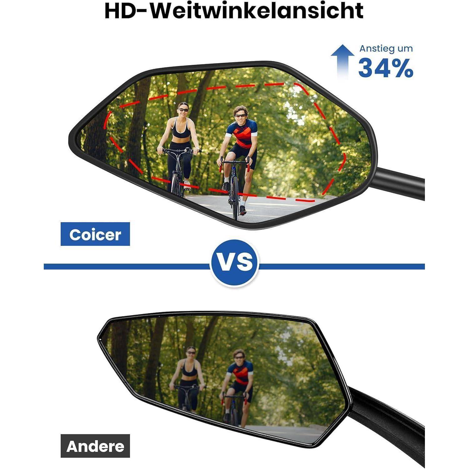 Oberes Bild: Zwei Radfahrer, deutlich in einem Weitwinkel-Spiegel zu sehen, mit dem Text 'HD-Weitwinkelansicht', 'Steigerung um 34%'. Unteres Bild: Verschwommene Radfahrer in einem anderen Spiegel mit dem Text 'Andere'.