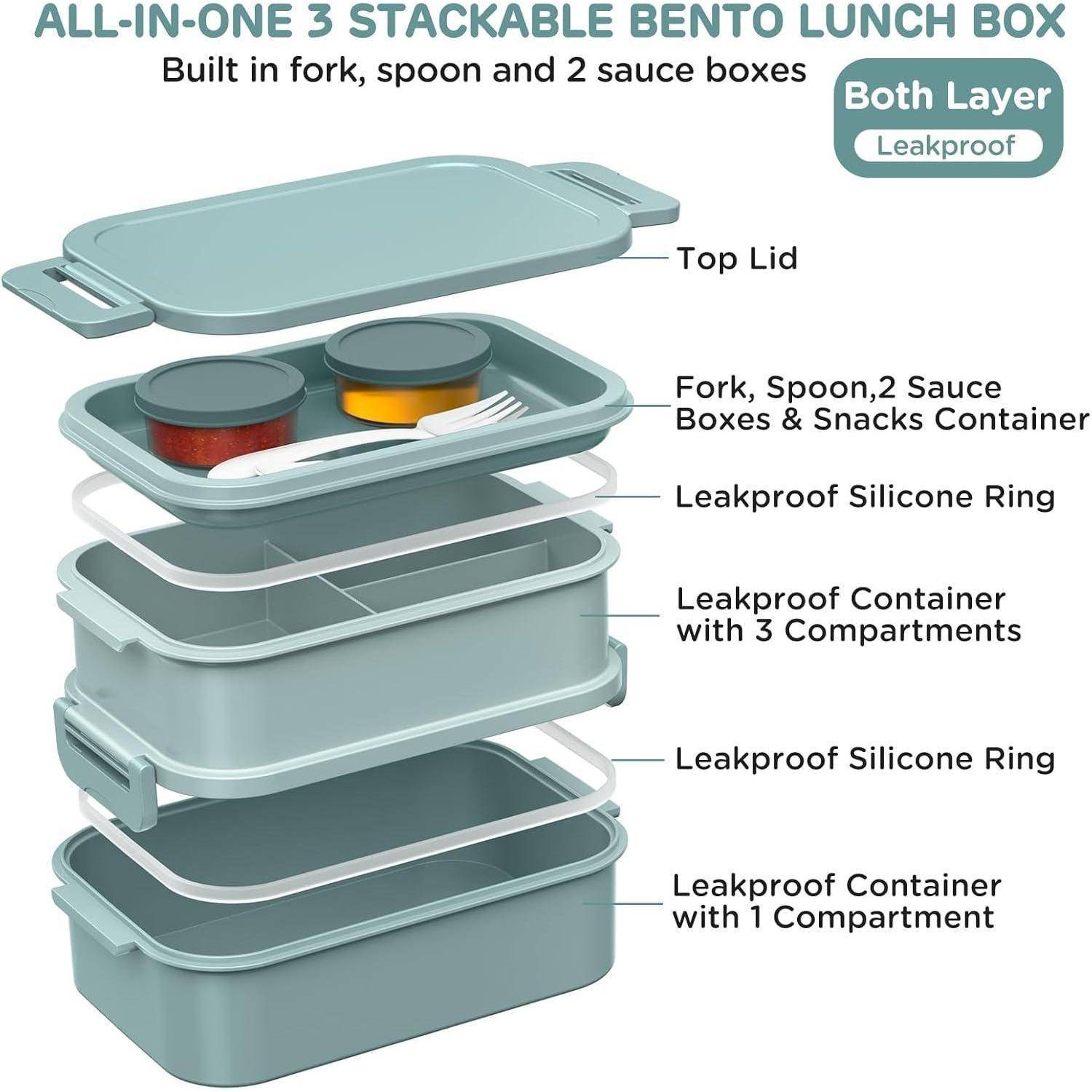 Allzweck-3-Etagen-Bento-Lunchbox mit Gabel, Löffel, zwei Soßenbehältern, Snackbehälter und auslaufsicheren Silikonringen.