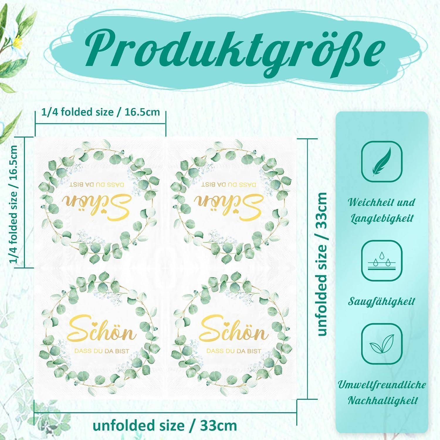 Servietten Eukalyptus Grün 80Stück 3-Lagig Hochzeits Servietten Taufe