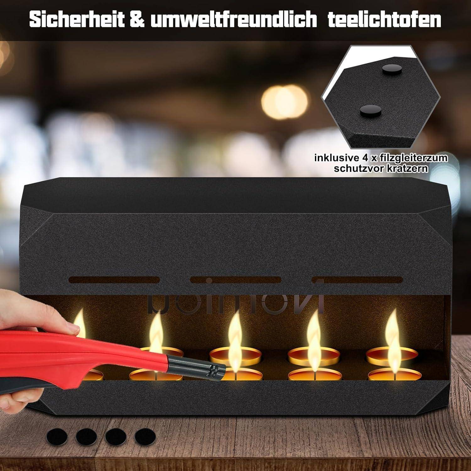 Eine Person, die ein Teelicht in einem schwarzen Ofen mit der Aufschrift „Sicherheit & umweltfreundlich teelichtofen