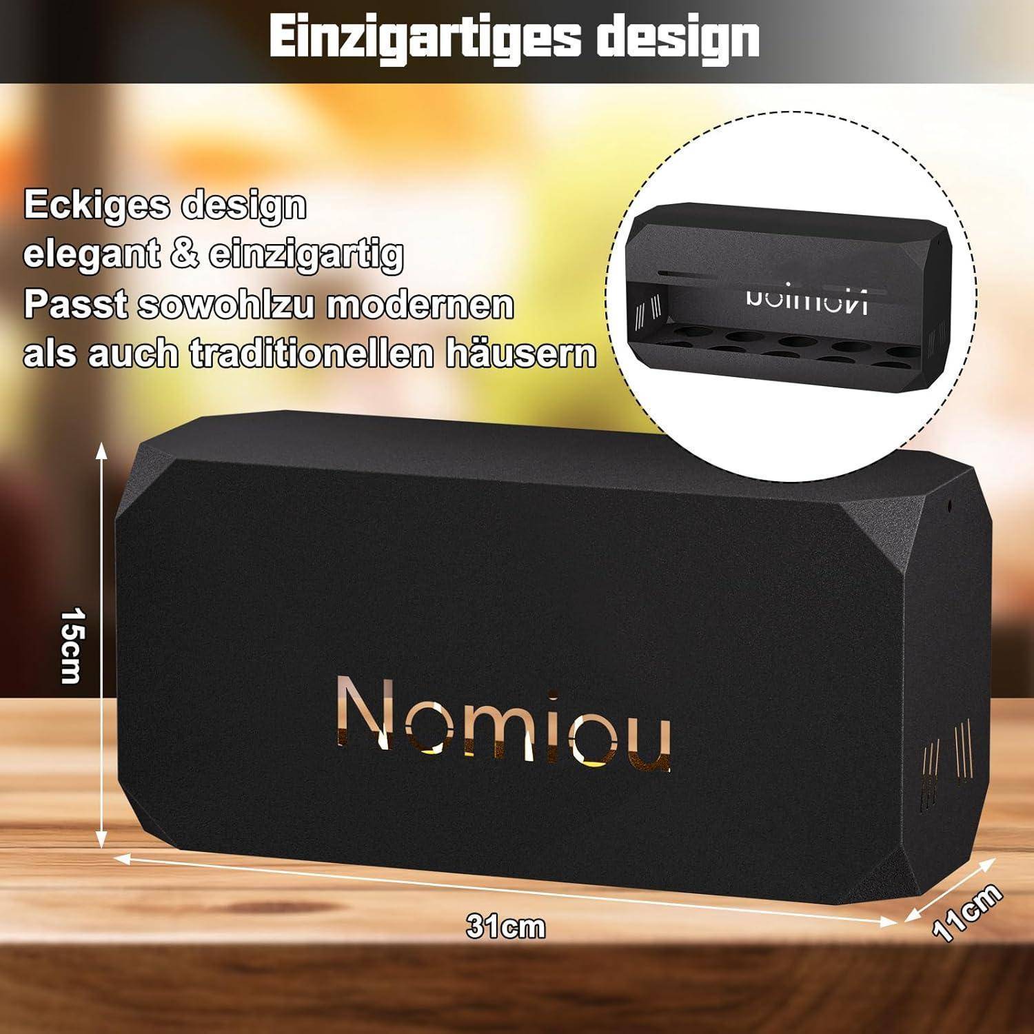 Ein schwarzer, eckiger Wandbriefkasten mit der Aufschrift 'Nomiou'. Abmessungen: 31 cm breit, 15 cm hoch, 11 cm tief. Geeignet für moderne und traditionelle Wohnungen.