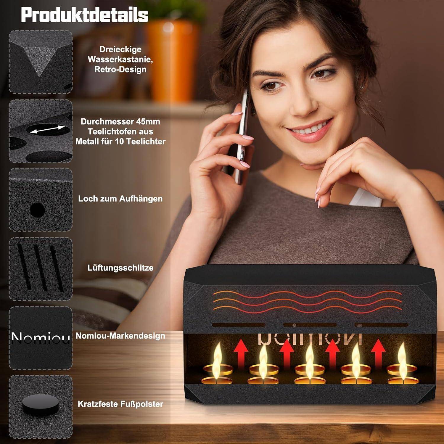 Eine Frau lächelt mit einem Telefon am Ohr und sitzt vor einem Kerzenhalter. Text neben ihr listet 'Produktdetails' auf und zeigt Produktmerkmale: 'Loch zum Aufhängen' und 'Lüftungsschlitze.