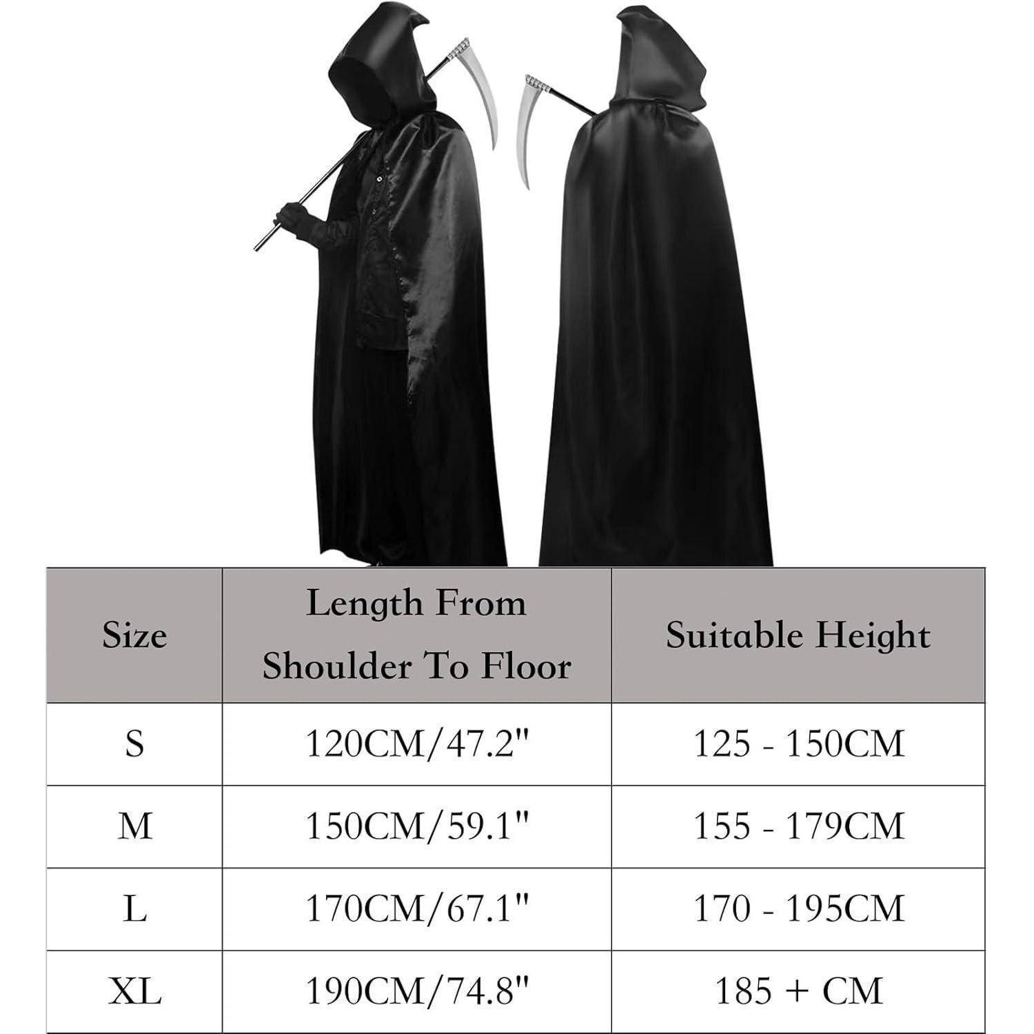 Geheimnisvolle Gestalt in schwarzer Kutte mit Sense, von vorne und von der Seite gezeigt. Tabelle zeigt Kuttengrößen von S bis XL mit entsprechenden Höhenbereichen.