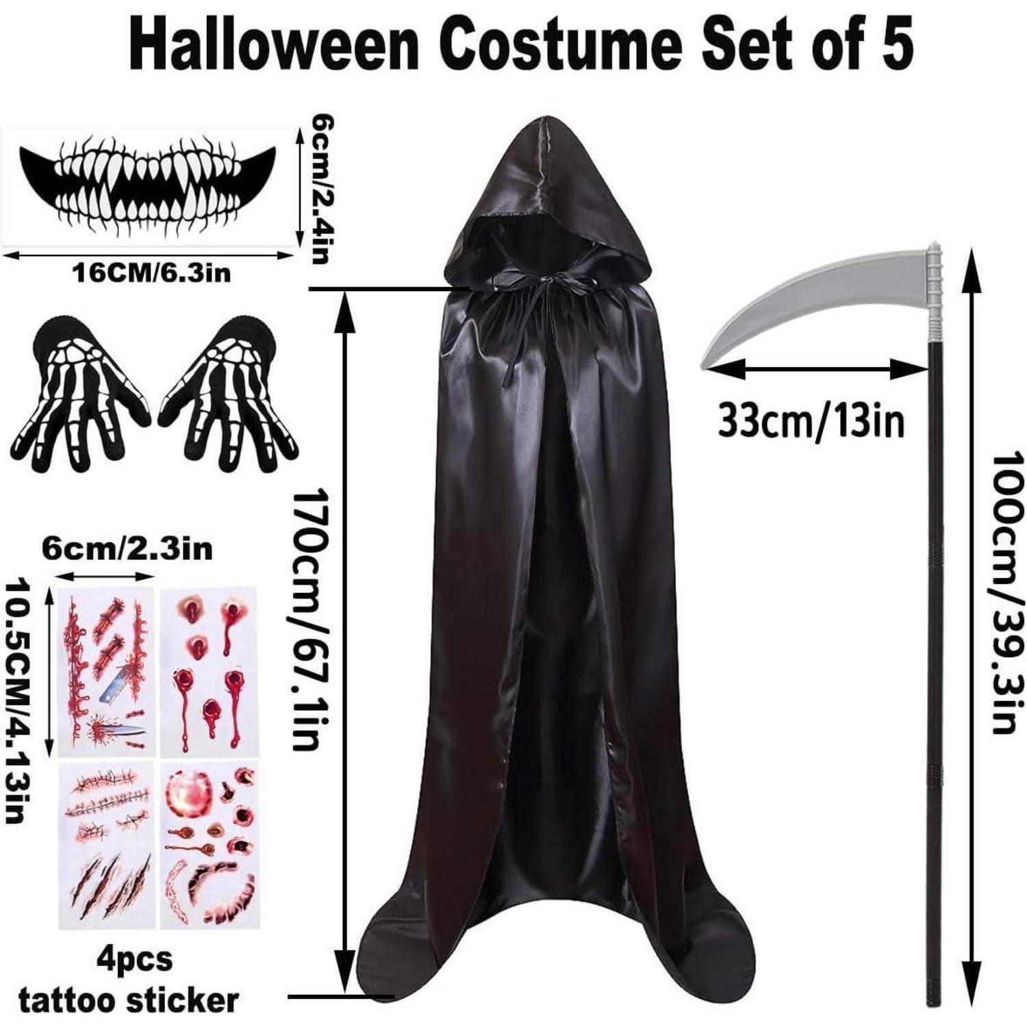 Halloween Umhang Schwarz Set 170/190CM Erwachsener Sensenmann Kostüm