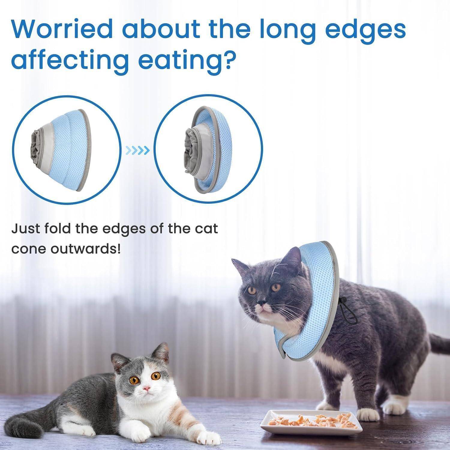 Eine Katze mit einem verstellbaren blauen Halskegel frisst aus einer Schüssel. Der Text hebt das Design des Kegels hervor, der ein Zusammenfalten für einfacheres Essen ermöglicht.