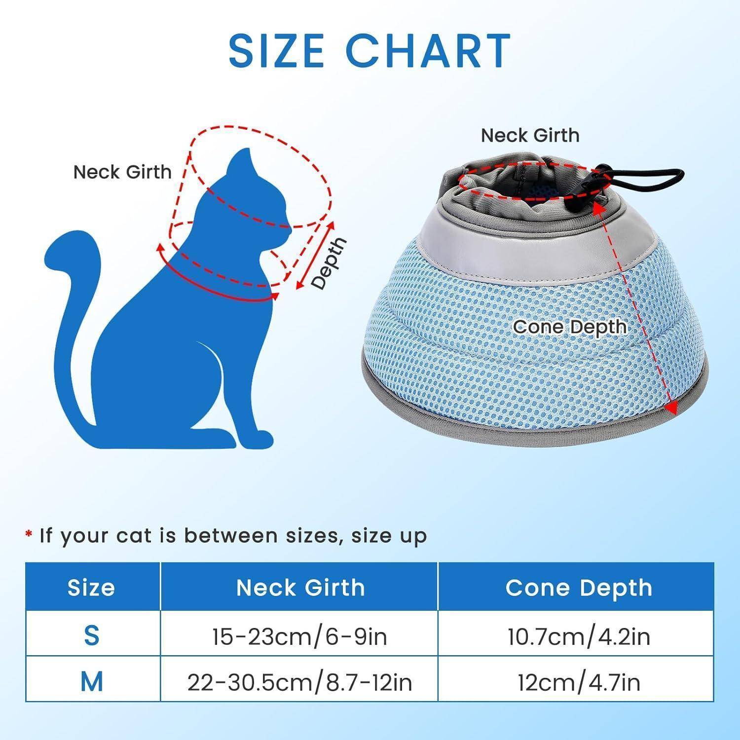 Größentabelle für Tierkegel zeigt zwei Größen: ‚S' mit Halsum­fang 15-23 cm (6-9 Zoll), Kegelhöhe 10,7 cm (4,2 Zoll); ‚M' mit Halsumfang 22-30,5 cm (8,7-12 Zoll), Kegelhöhe 12 cm (4,7 Zoll). Bei Zwischengrößen empfehlen wir, eine Größe höher zu wählen.