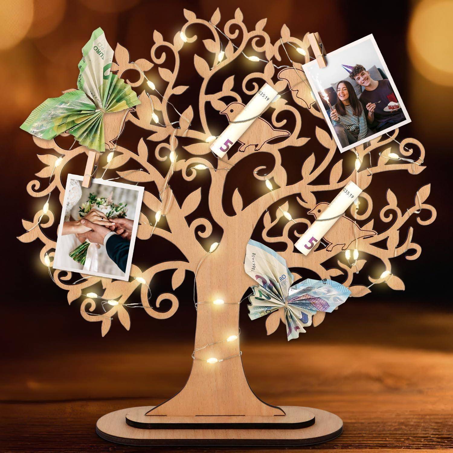 LED Geldbaum Holz Geschenk Geburtstag Hochzeit Männer Frauen