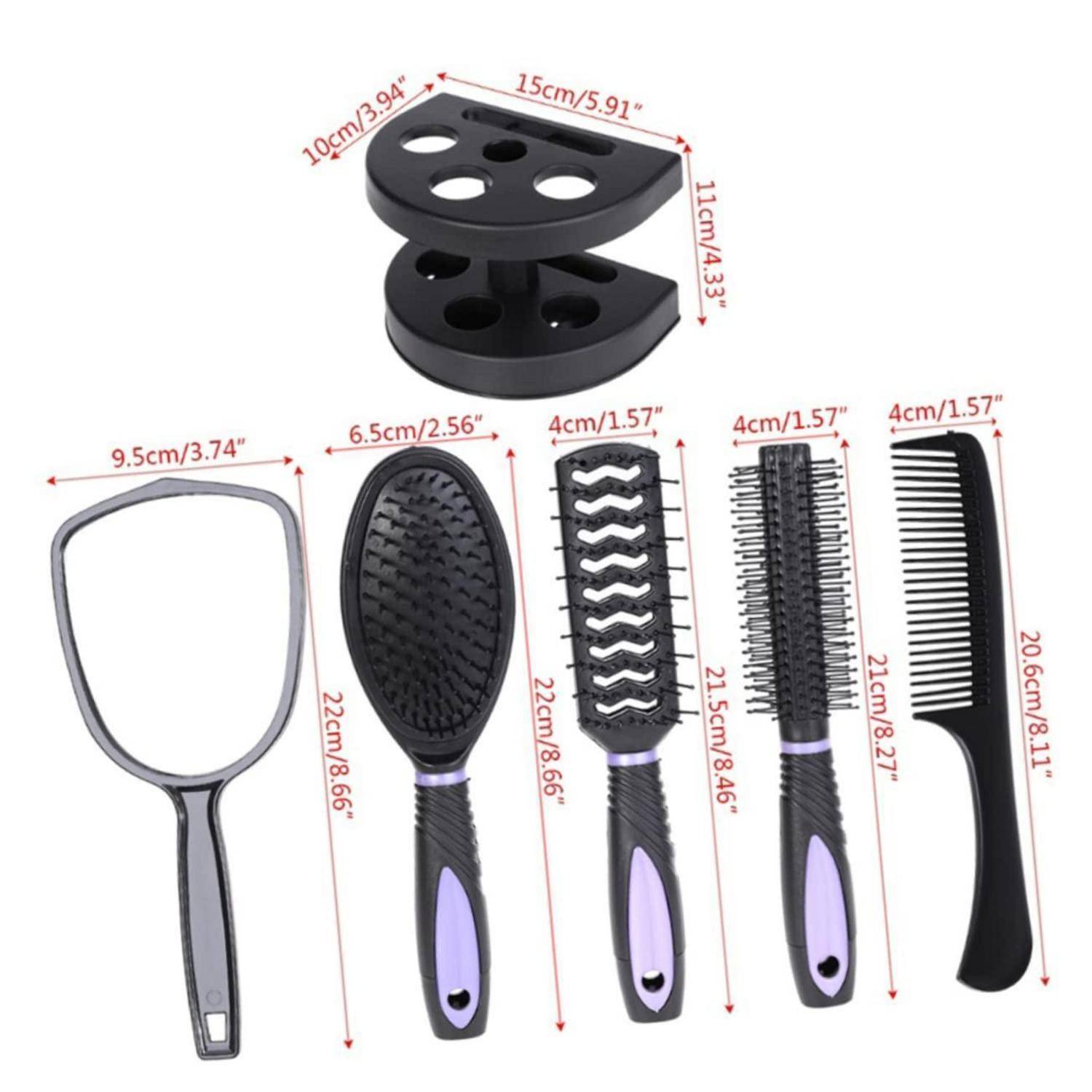 Ein schwarzes Styling-Werkzeug-Set umfasst einen Ständer, Handspiegel, Paddelbürste, Belüftungsbürste, Rundbürste, Toupetbürste und einen Breitzehnkamm. Jedes Werkzeug hat Maßangaben in Zentimetern und Zoll.
