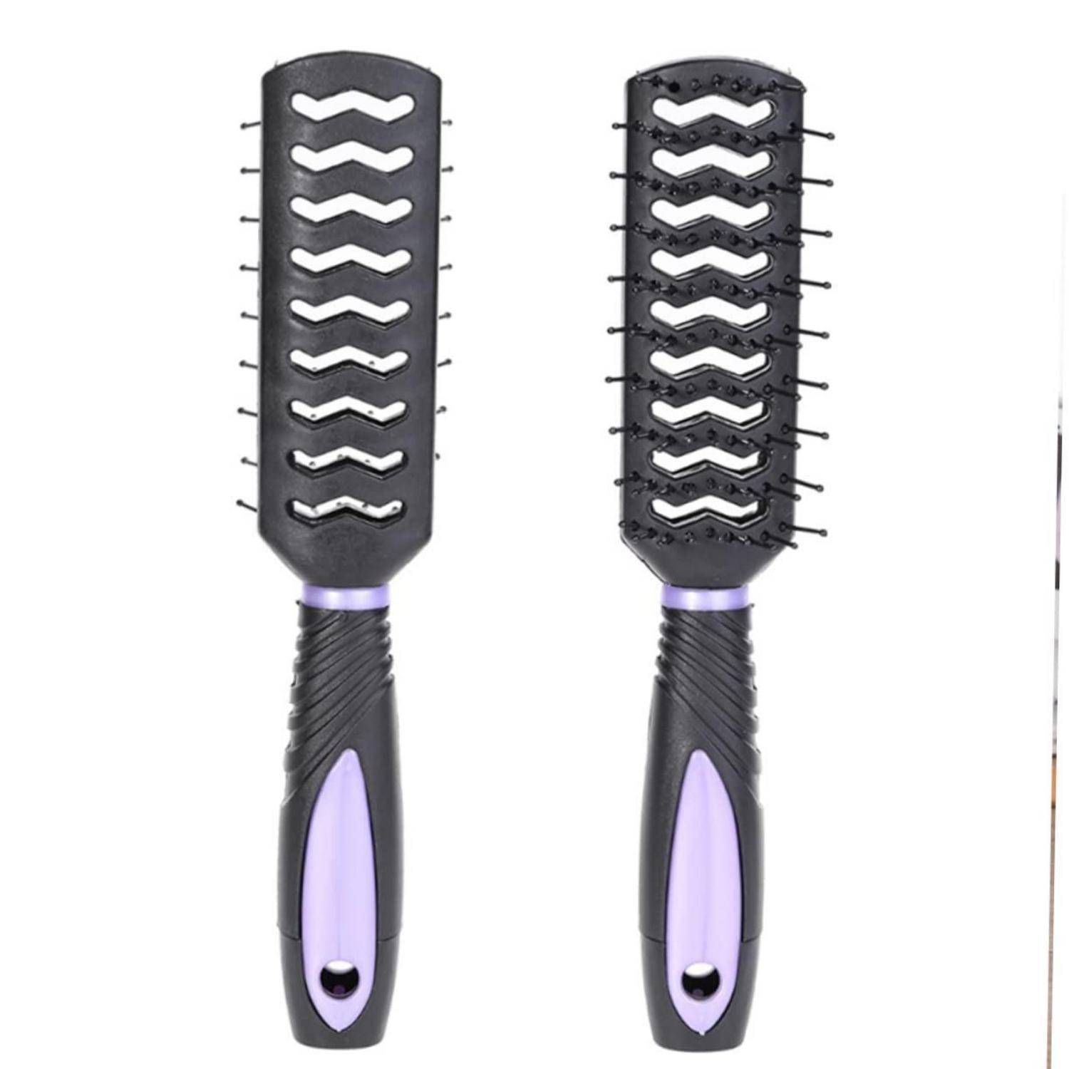 Zwei schwarze Haarбürsten mit lila Griffen, die belüftete Designs für schnelleres Haartrocknen aufweisen, stehen aufrecht vor einem weißen Hintergrund.