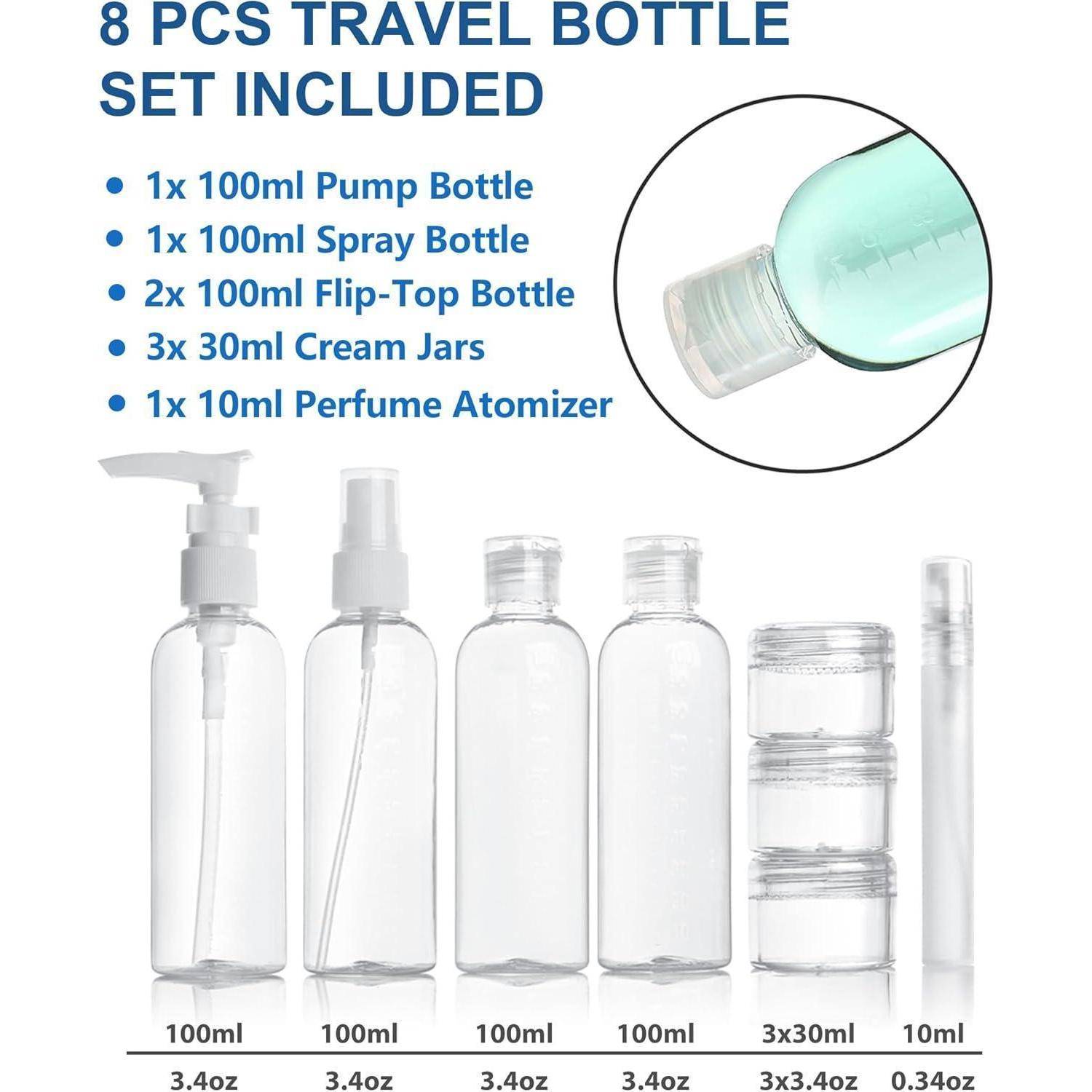 Kulturbeutel Transparent Reiseflaschen 100ml 8er Handgepäck Grau01