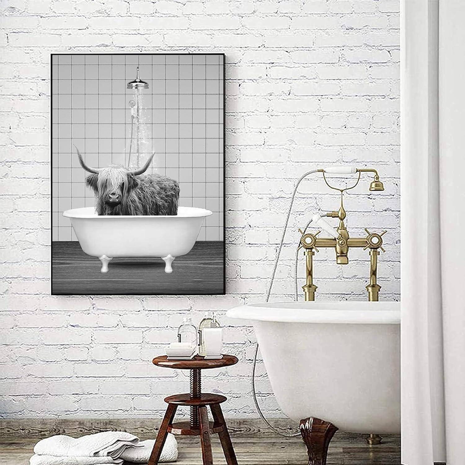 Leinwandbild Hochlandrind Badewanne schwarzweiß GDN2 60L x 90B cm