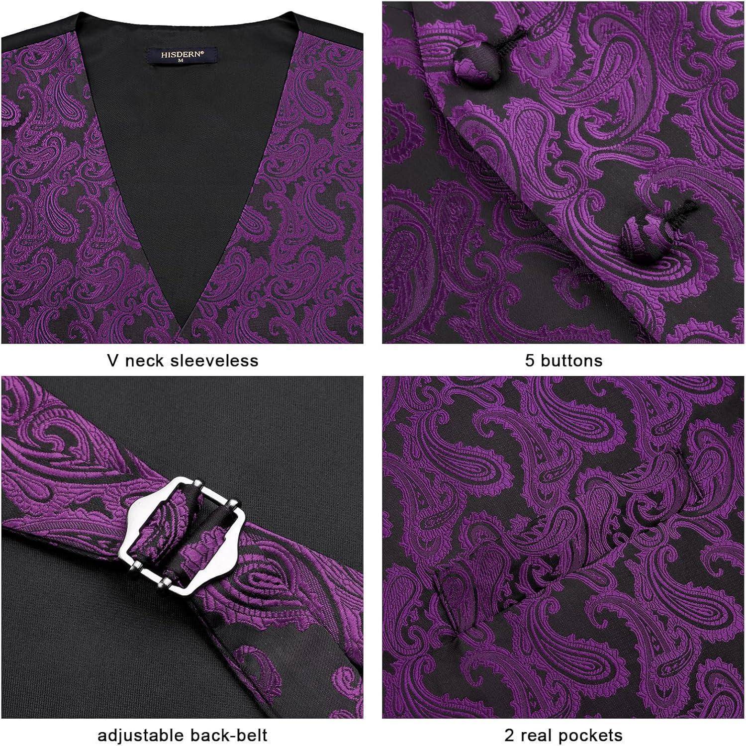 Vier Bilder, die Details einer violetten und schwarzen Paisley-Weste zeigen: Ärmellose Ausführung mit V-Ausschnitt, 5 Knöpfe, verstellbarer Rückengürtel, 2 echte Taschen.