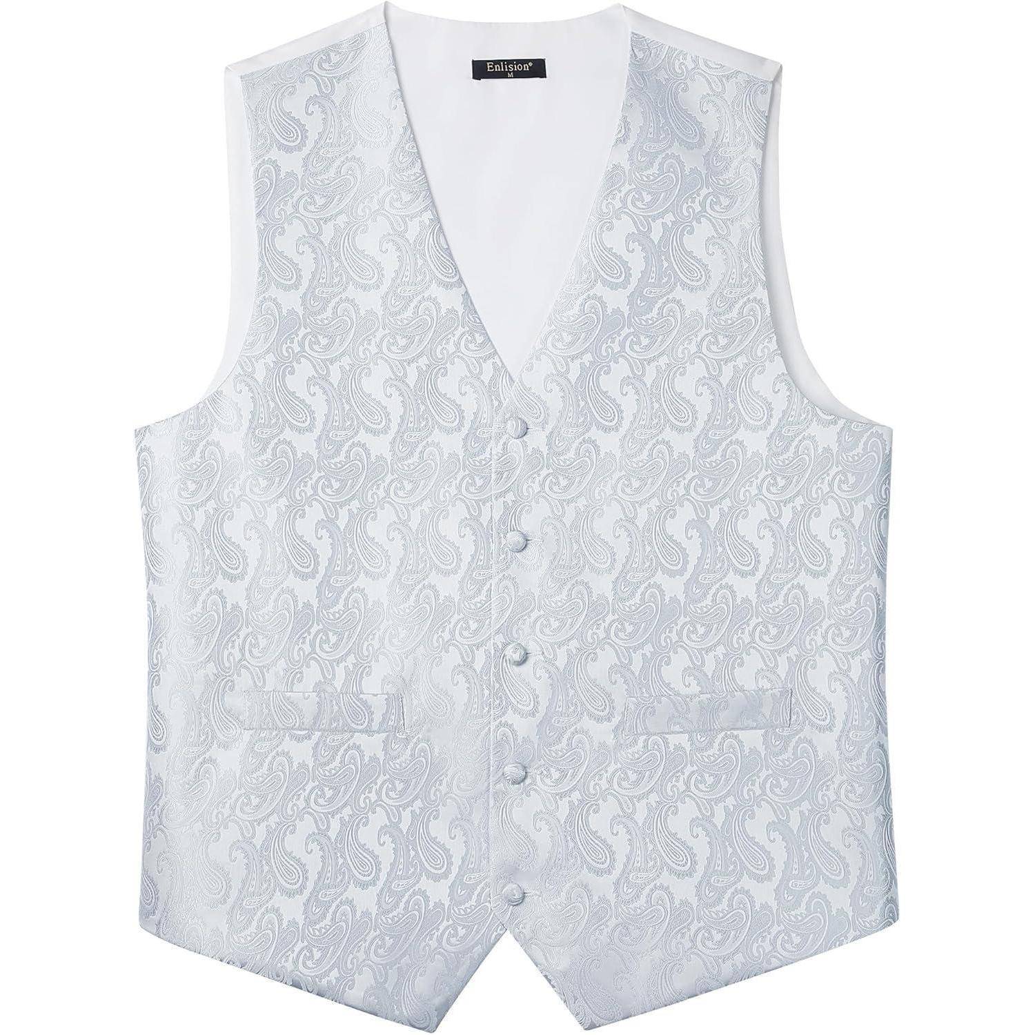 Eine weiße Weste mit Paisley-Muster, Knöpfen vorne und zwei Taschen, die für formelle Anlässe konzipiert ist.