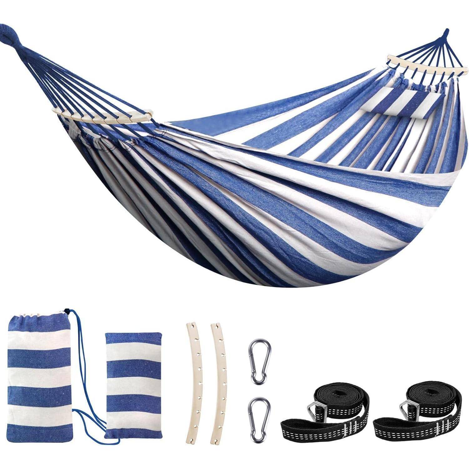 Hängematte Baumwolle Camping 300kg Blau Weiß Gestreift 270x150cm