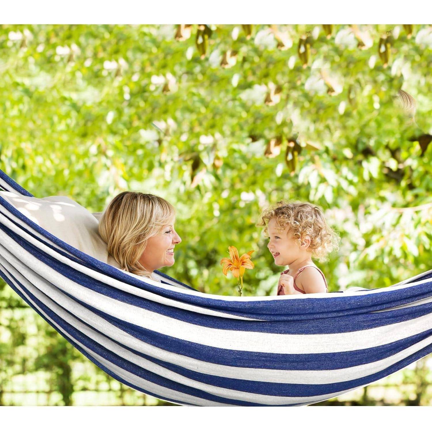 Hängematte Baumwolle Camping 300kg Blau Weiß Gestreift 270x150cm