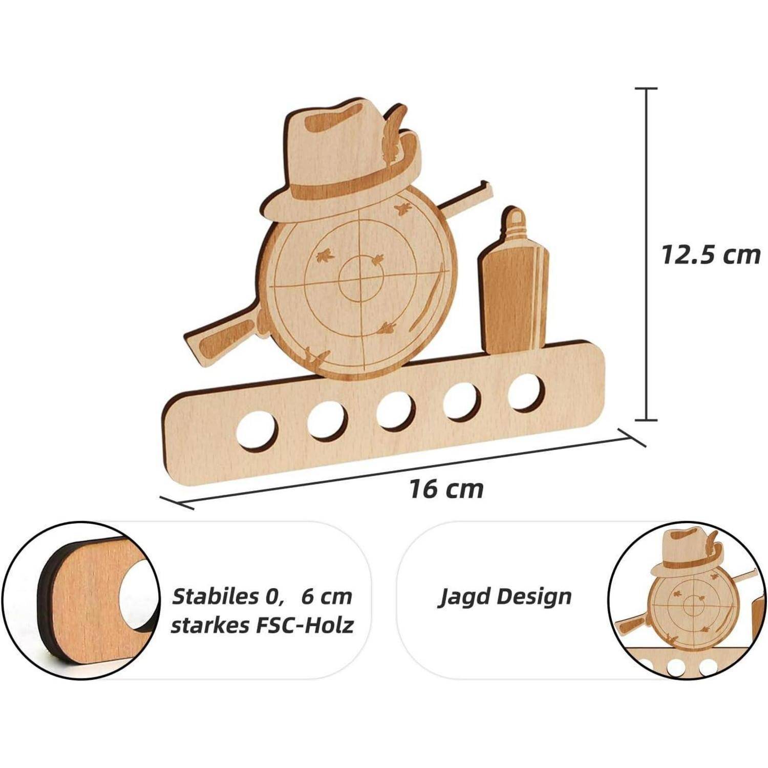 Holzstruktur mit Detektivhut-Design, misst 16 cm x 12,5 cm. Enthält fünf kreisförmige Löcher und ist aus 0,6 cm FSC-Holz gefertigt.