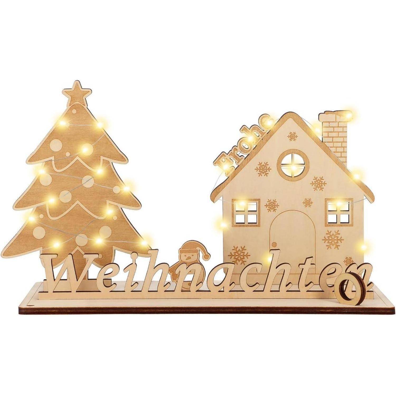 Beleuchtete Holzdekoration, die einen Weihnachtsbaum und ein Haus mit dem deutschen Text 