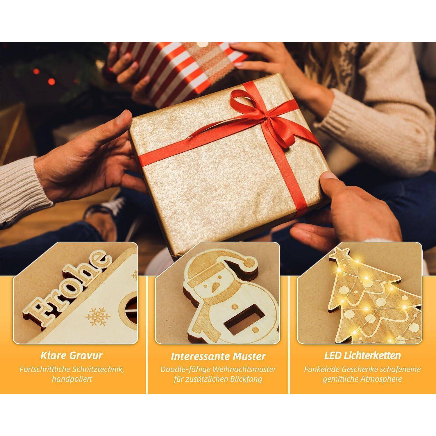 Menschen, die ein in Goldpapier verpacktes Geschenk mit einer roten Schleife austauschen. Darunter Bilder von gravierten Designs: Text, Schneemann und Weihnachtsbaum.