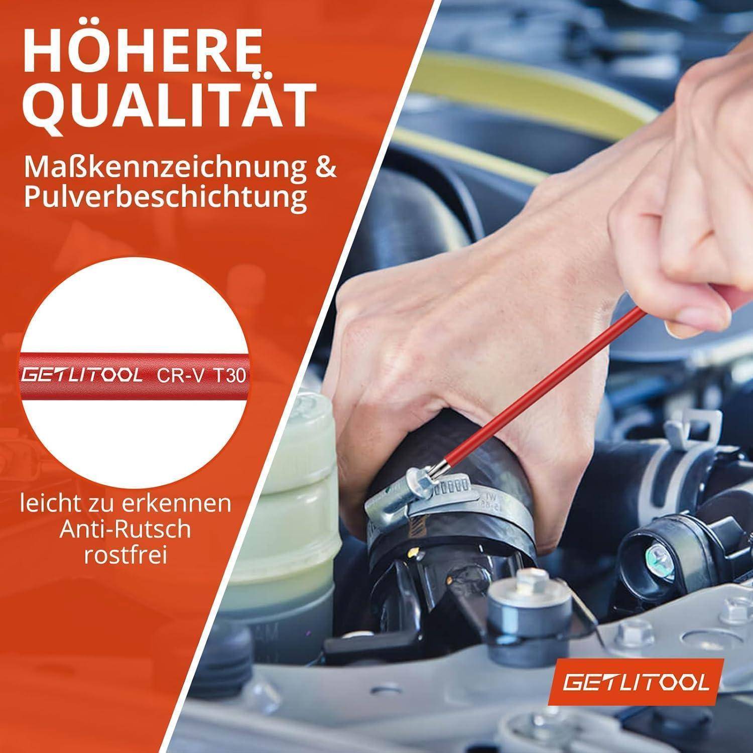 Schraubendreher 'GETLITOOL CR-V T30' in der Hand, verwendet an einem Automoror. Der Text betont hochwertige Qualität, leichte Erkennbarkeit, rutschfeste und rostfreie Eigenschaften.
