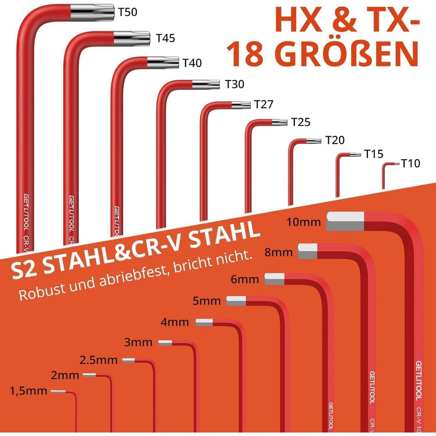 HX & TX - 18 Größen', grafische Darstellung zeigt verschiedene Größen von Sechskant- und Torx-Schlüsseln von T10 bis T50. Text hebt hervor: 'S2-Stahl & Cr-V-Stahl: Robust und verschleißfest, bricht nicht.
