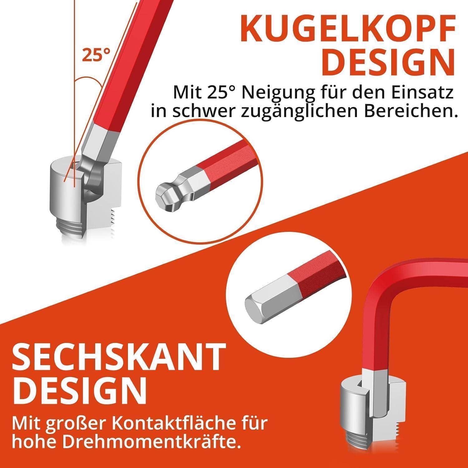Ein rotes Werkzeug mit einer 25-Grad-Sechskantaufnahme für schwer zugängliche Bereiche verbessert die Drehmomentfestigkeit durch eine große Kontaktoberfläche.
