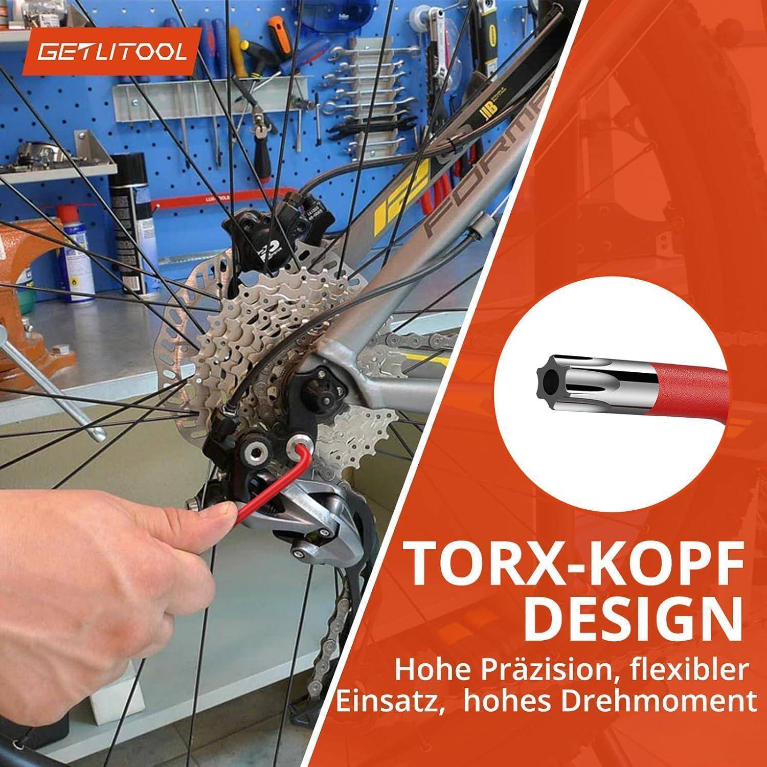 Eine Hand benutzt ein rotes Werkzeug an einem Fahrradritzel. Der Text lautet 'TORX-KOPF DESIGN' und 'Hohe Präzision, flexibler Einsatz, hohes Drehmoment.